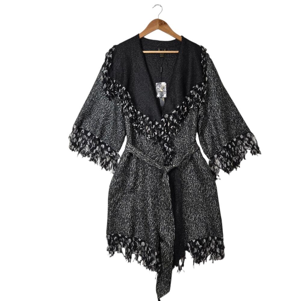 Jerry T Belted Cardigan Jacket sz M Black Gray w/Polka Dot Fringe Boho Stretch